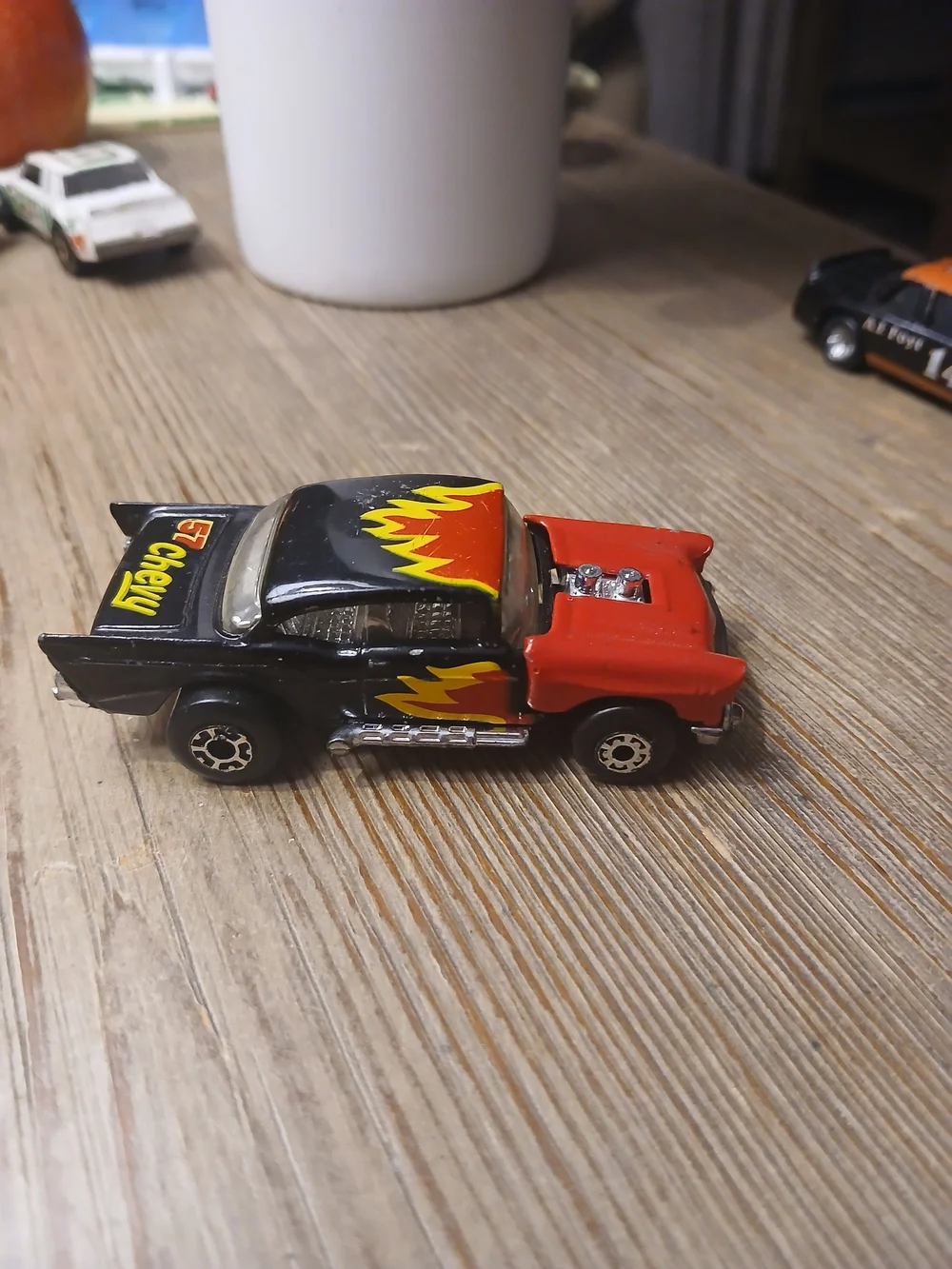 1983 Matchbox MB-4 1957 Chevy Bel Air Hardtop Black w/Red/Yellow Flames 1:64 NM